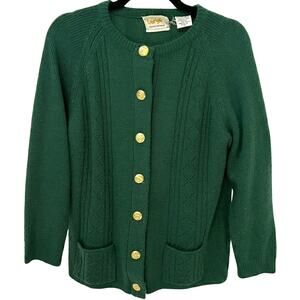 VTG Fashion Knitwear Emerald Green Gold Crest Button Cardigan 10 Dark Academia